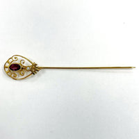 Vintage 10K Yellow Gold Stick Pin w Purple Glass Gem & Seed Pearl, 0.94g