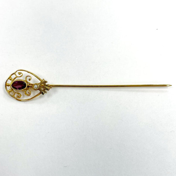 Vintage 10K Yellow Gold Stick Pin w Purple Glass Gem & Seed Pearl, 0.94g