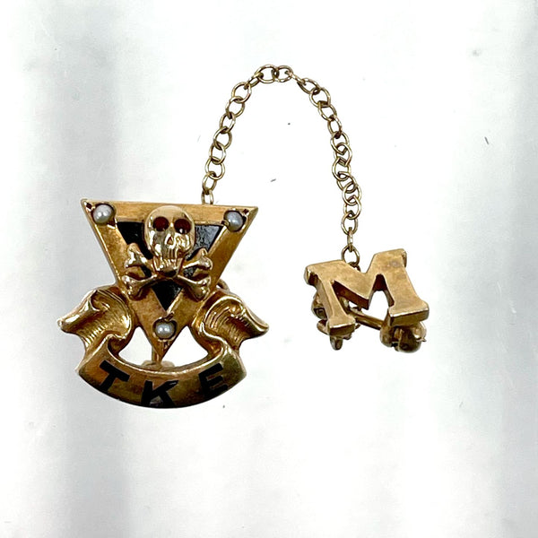 Vintage 10K Gold Tau Kappa Epsilon Fraternity Skull & Bones Pin w Gems, 3g