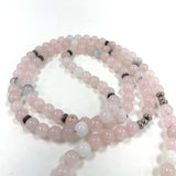 Tibetan Rose Quartz Prayer, Mantra Meditation Bead Necklace W/ Silver Tone Lotus