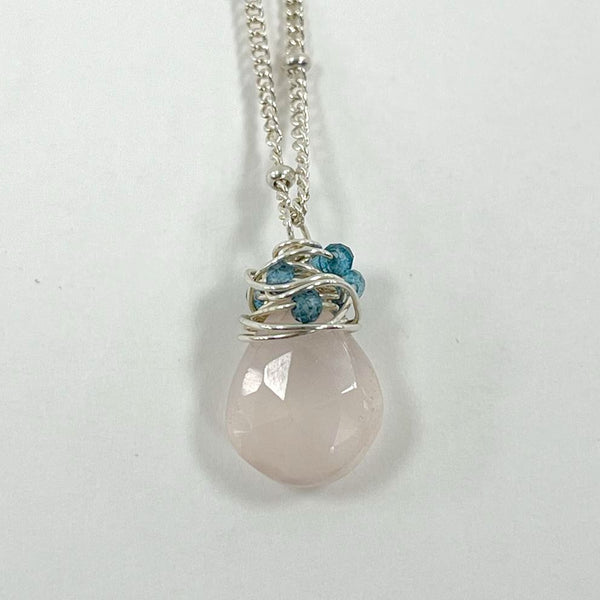 Sterling Silver 18” Wire-Wrapped Faceted Rose Quartz & Blue Apatite Beads, 3.68g