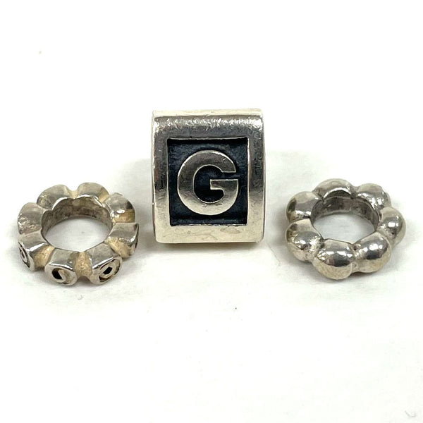 3pc Pandora Sterling Silver Slide Charms, G Initial & 2 Spacers, 5.38g