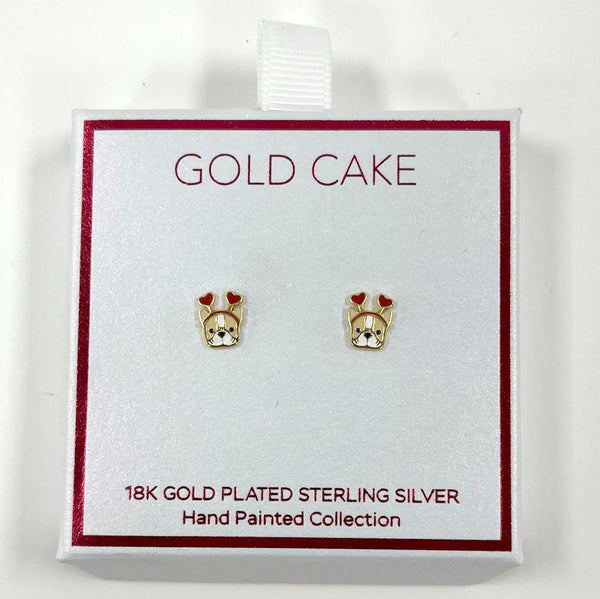 New Sterling Silver & 18K Gold Plate Enamel Terrier w/ Hearts Post Earrings .9g