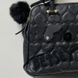 Betsey Johnson Black Puffy Heart Quilted Satchel Purse w Dragonfly