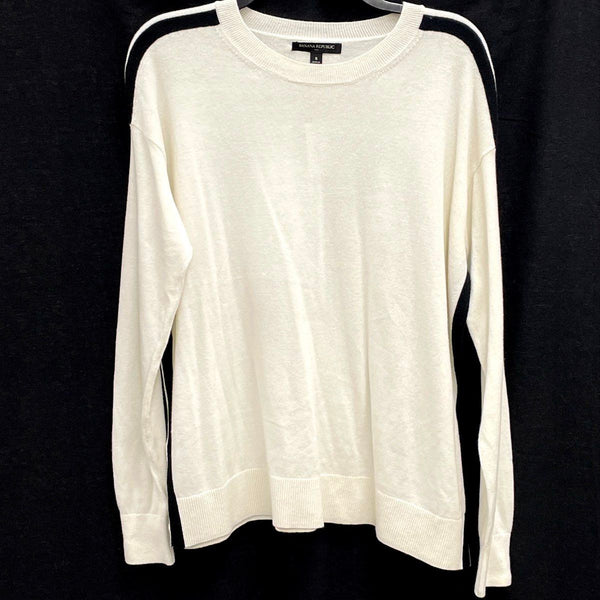 NWT Banana Republic Ivory White Black Accent Stripe Crewneck Sweater Womens Sz S