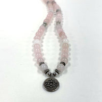 Tibetan Rose Quartz Prayer, Mantra Meditation Bead Necklace W/ Silver Tone Lotus