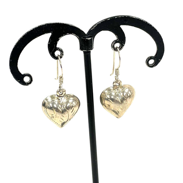 Sterling Silver Puffed Heart Earrings w Engraved Details, 3.86g