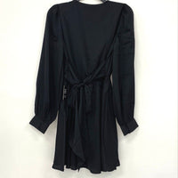 NWT Express Black Satin Waist Tie Long Sleeve Faux Wrap Dress Women’s Sz XS