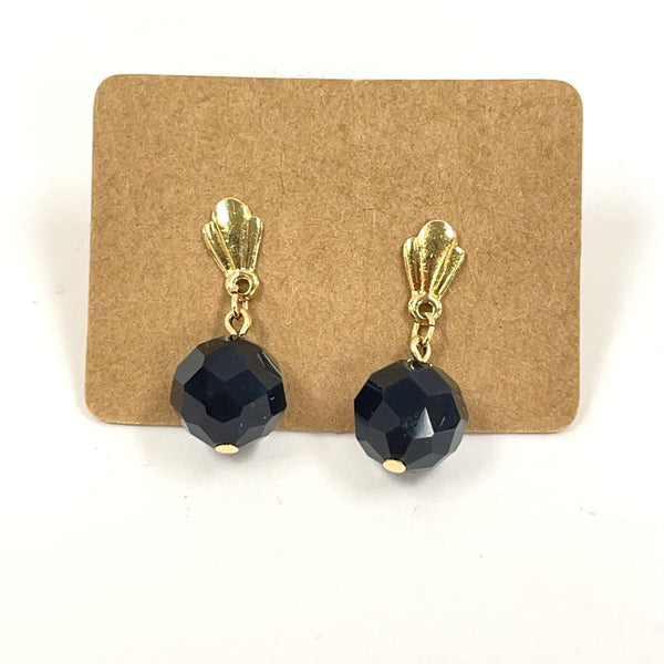13K Yellow Gold 8mm Faceted Black Glass Dangle Earrings, 1.95g