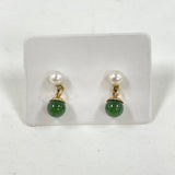 14K Yellow Gold Pearl & Jade Delicate Post Dangle Earrings, 1.23g