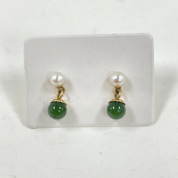 14K Yellow Gold Pearl & Jade Delicate Post Dangle Earrings, 1.23g
