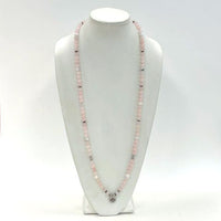 Tibetan Rose Quartz Prayer, Mantra Meditation Bead Necklace W/ Silver Tone Lotus