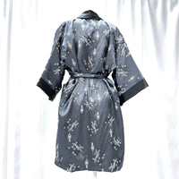 Wmns Gray & Black Reversible Embroidered Japanese Kimono Style Satin Robe Sz M