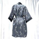 Wmns Gray & Black Reversible Embroidered Japanese Kimono Style Satin Robe Sz M