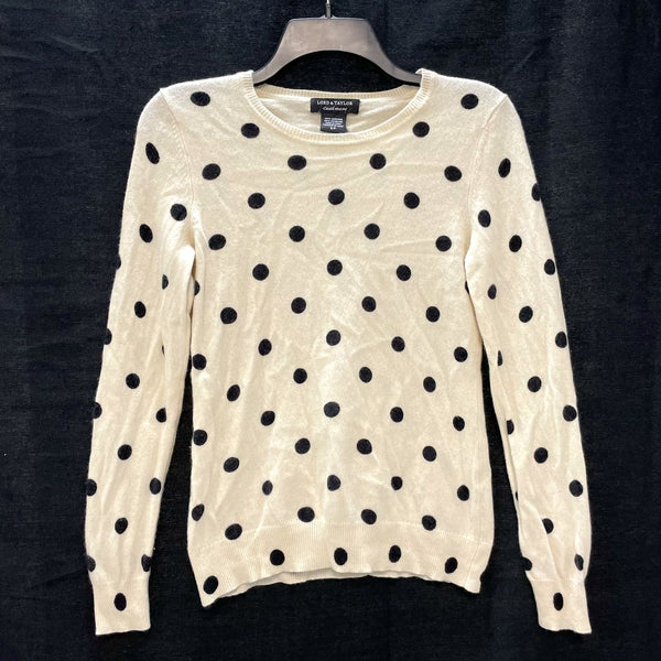 Wmns LORD & TAYLOR 100% Cashmere Cream & Black Polka Dot Sweater Sz S