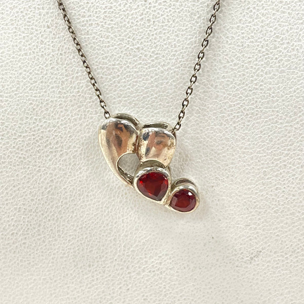 18" Sterling Silver Heart Pendant Necklace w/ Garnet Accents, 3.83g