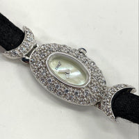 Diamonique Jeweled Mother of Pearl Dial & Genuine Leather Band Ladies Watch