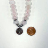 Tibetan Rose Quartz Prayer, Mantra Meditation Bead Necklace W/ Silver Tone Lotus