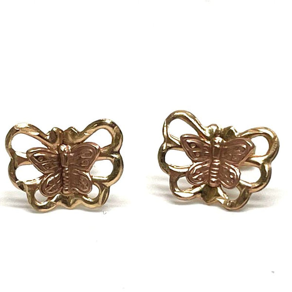 14K Two-color Yellow & Rose Gold Butterfly Post Earrings, 0.40g