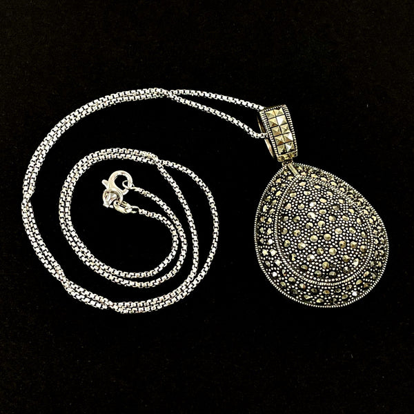 Sterling Silver 20" Domed Pear-Shape Marcasite Open-Back Pendant Necklace,16.96g