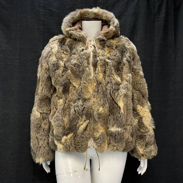 Wmns 70s Vintage HERSHLEDER Brown Genuine Rabbit Fur Hoodie Jacket 46" Bust