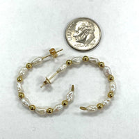 14K Yellow Gold Genuine Pearl & Beaded Half Hoop Post Earrings, 1.79g