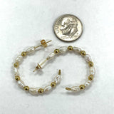 14K Yellow Gold Genuine Pearl & Beaded Half Hoop Post Earrings, 1.79g