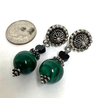 Sterling Silver Dangle Earrings w/ Malachite & Onyx Bead Accents, 13.48g