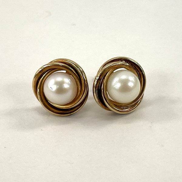 14K Yellow Gold Knot Stud Earrings With Pearls 2.08 Grams