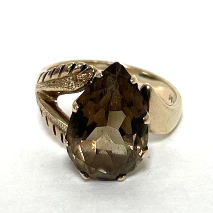 Vintage 14K Yellow Gold Pear Cut Smoky Topaz Ring Size 5.5, 3.87g