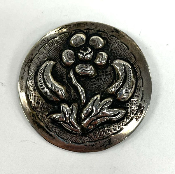 Vintage Tobias A Mexico Silver Repousse Round Floral Pin Brooch, 9.87g