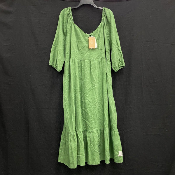 NWT Wmns MONSOON Linen Green 3/4 Puff Sleeve Tiered Smocked Maxi Dress Sz 16