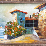 Framed Seaside Villa Oil Painting on Board Signed by Artist 9.5 x 11.5"