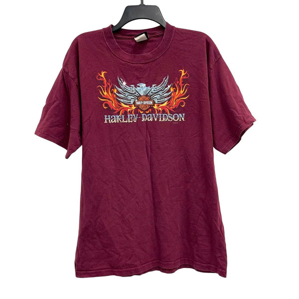 Mens Y2k HARLEY DAVIDSON Maroon Red Double Sided Biker Graphic Tee T-Shirt Sz L