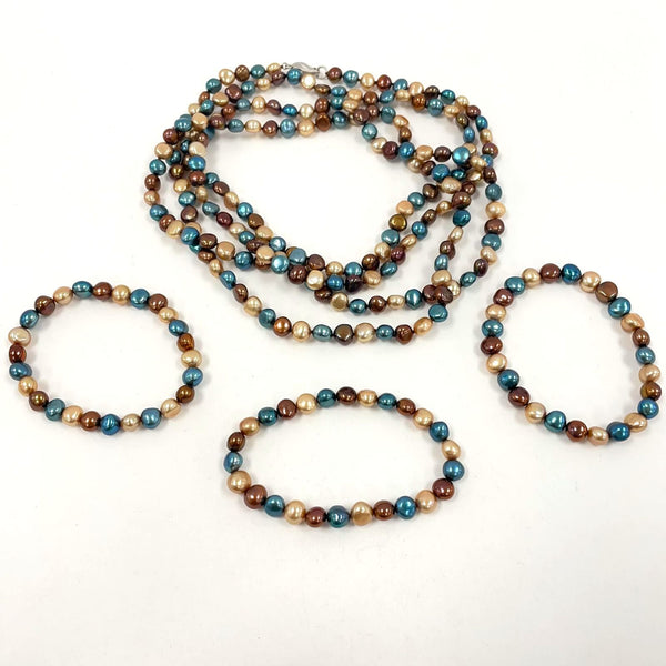 925 Sterling Silver Clasp Multi Colored Dyed Pearl Necklace Bracelet Set 130.22G