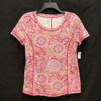 NWT Wmns T by TALBOTS Pink & Orange Paisley Short Sleeve Shirt Sz S