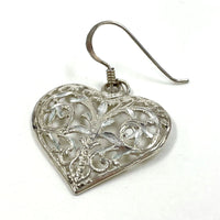 925 Sterling Silver Filigree Open Work Heart Dangle Earrings