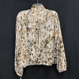 NWT Wmns ANNE KLEIN Silk Blend Tan Gray Textured Cinch Waist Pussy Bow Blouse 16