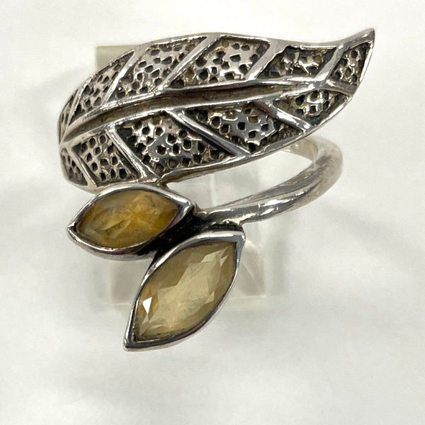 925 Sterling Silver Wrap Leaf Design Ring With Citrine 5.23 Grams SZ- 6 1/2