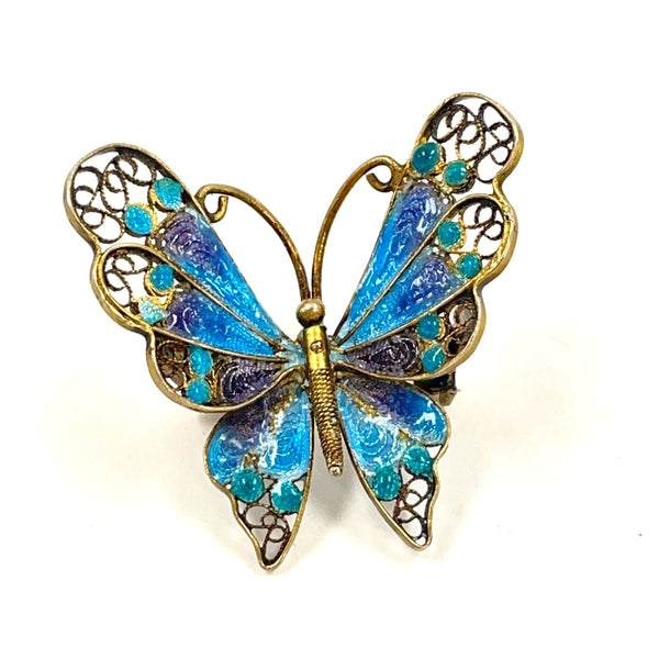 VTG 800 Silver Gold Vermeil Filigree Blue Enamel Butterfly Pin 1.25" 3.63 grams