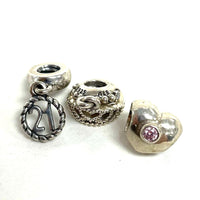 3pc Pandora Sterling Silver Slide Charm Lot w/ Birthday Theme; 21, Tiara, Love