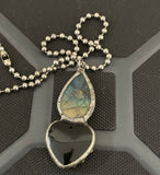 Large Silver Tone Labradorite And Black Onyx Pendant With 21" Chain 61.38 Grams