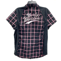 Wmns HARLEY DAVIDSON Pink & Black Plaid Embroidered Button Up Shirt Sz XL