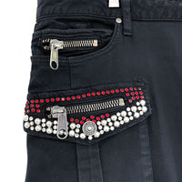 Mens ROBIN'S JEAN Black Embellished Red Rhinestone Studded Flap Moto Jeans Sz 44