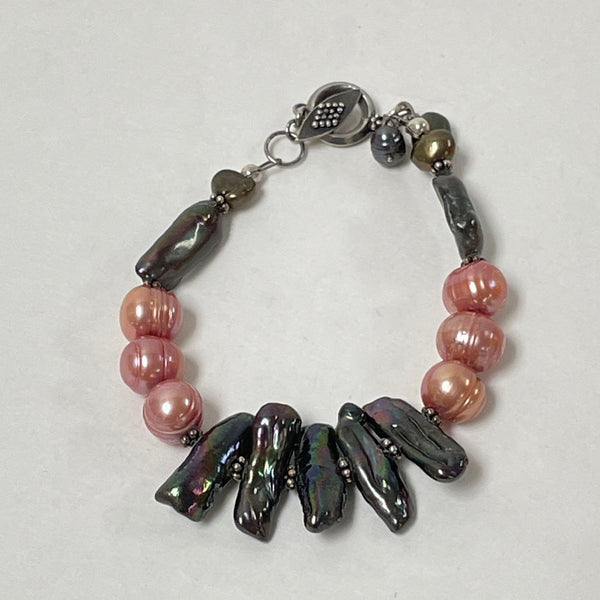 925 Sterling Silver Iridescent Biwa, Pink Pearl Bracelet 15.70 Grams 6 1/4