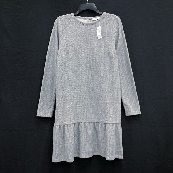NWT Wmns LOFT Gray Herringbone Long Sleeve Ruffle Comfy Casual Short Dress Sz M