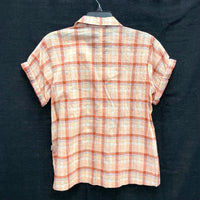 NWT Wmns EDDIE BAUER Peach Plaid Short Sleeve Light Button Up Shirt Sz S MSRP$60