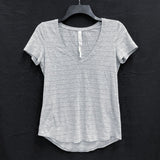 Wmns LULULEMON Gray Heather Striped Short Sleeve V-Neck Casual Tee Shirt Sz 2