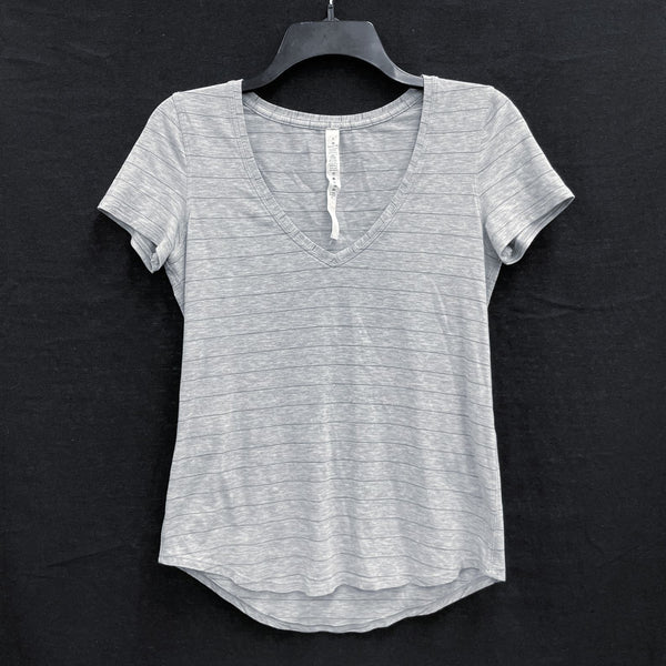 Wmns LULULEMON Gray Heather Striped Short Sleeve V-Neck Casual Tee Shirt Sz 2