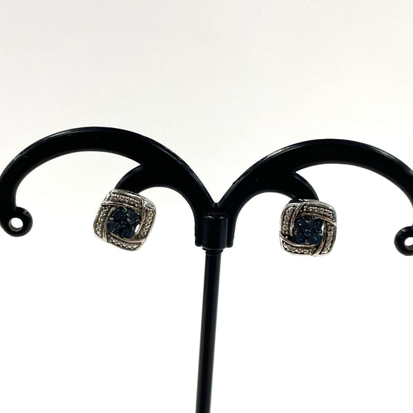 Sterling Silver Square Knot Design Post Studs w/ Blue Diamond Accents, 2.22g